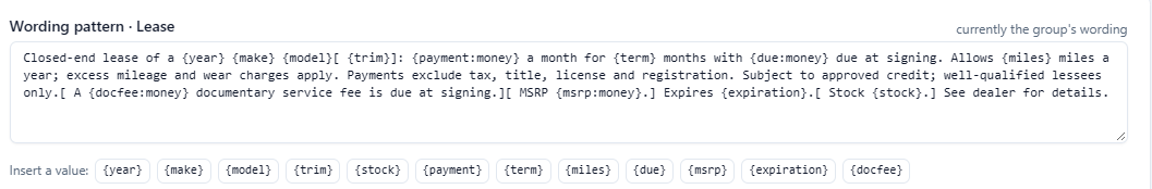 The Disclaimers page in DealerMaker: the wording pattern for lease offers, with the offer values it fills in