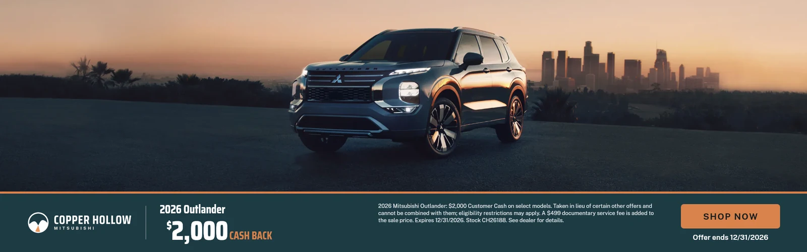 A cash back banner over a dusk photo of the Outlander, for Copper Hollow Mitsubishi, a demo store