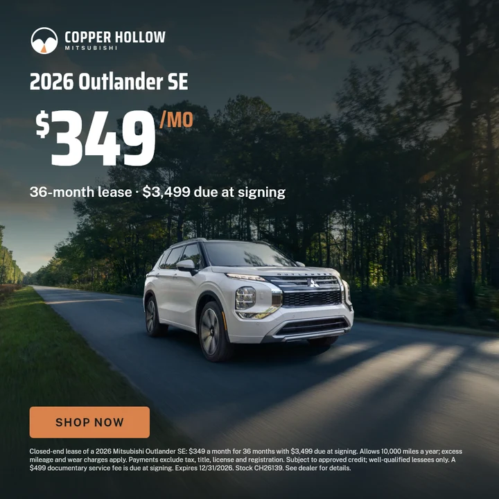 A lease banner over a photo of the Outlander on a forest road