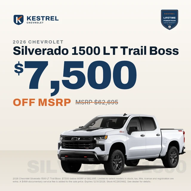 A price drop banner for Kestrel Chevrolet, a demo store