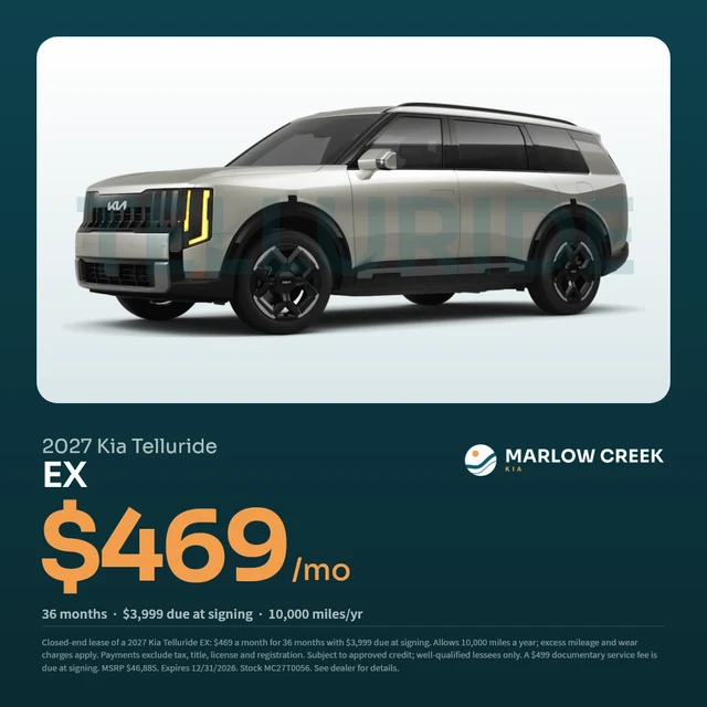A lease card banner for Marlow Creek Kia, a demo store