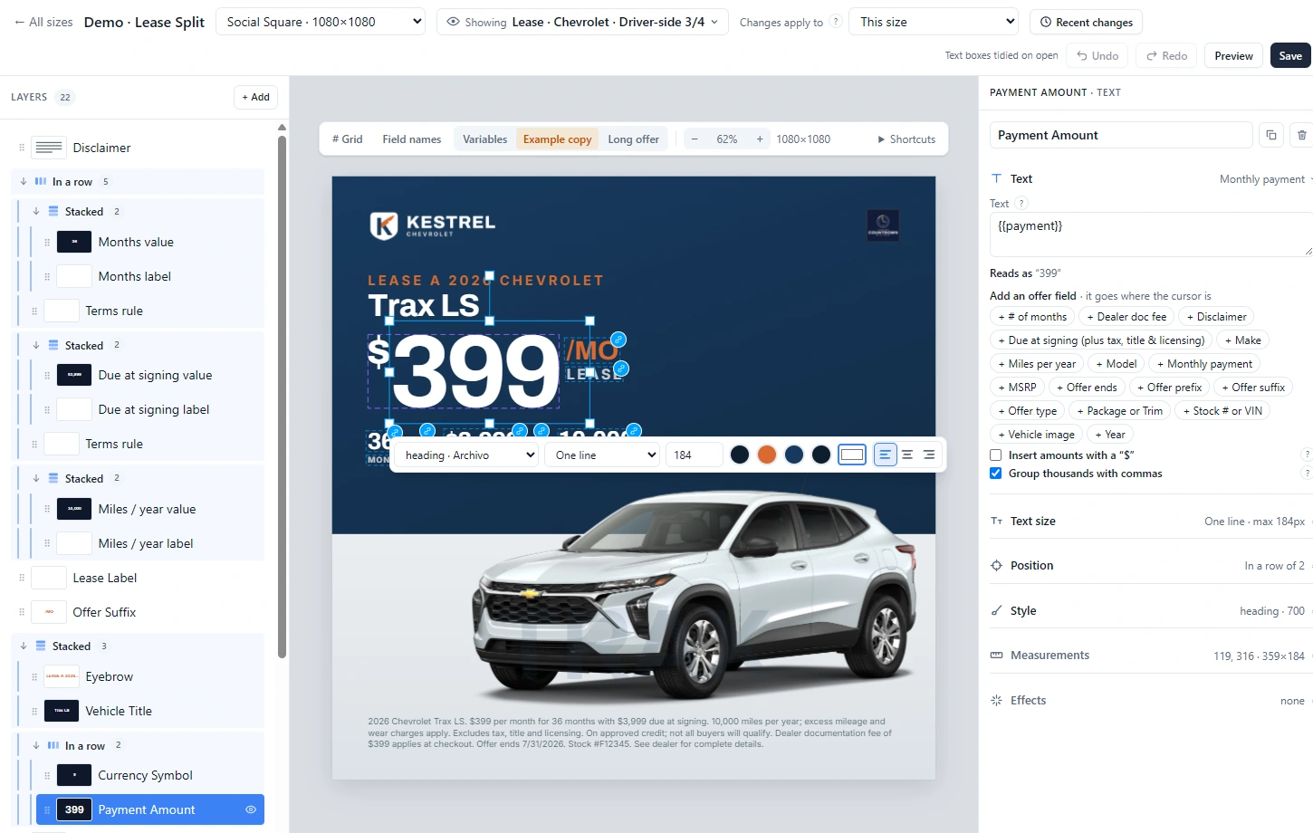 The DealerMaker template editor: a lease banner on the canvas, its payment selected, with the field it reads from and its settings beside it