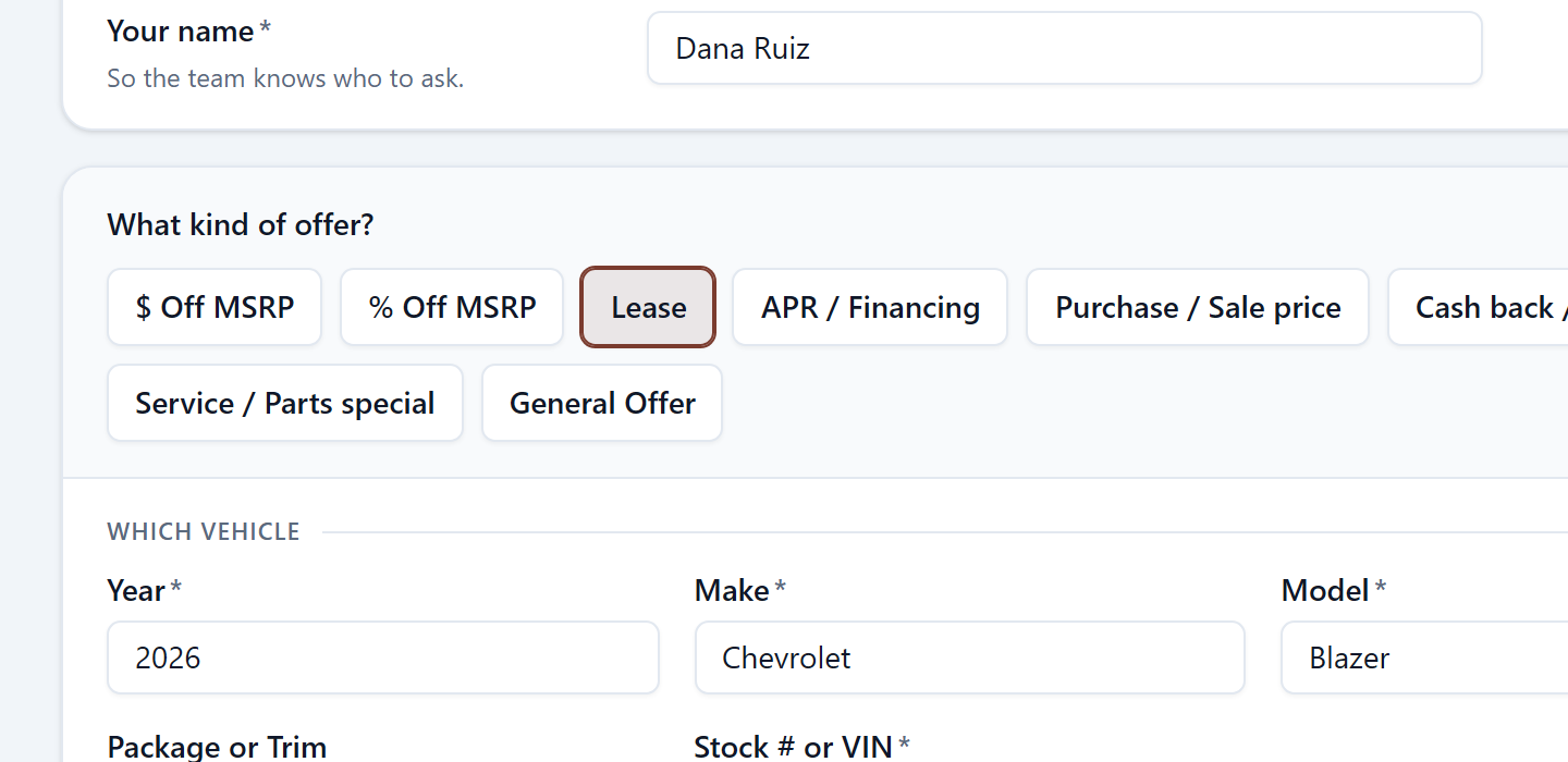 DealerMaker: the offer link, which needs no login, on a demo store