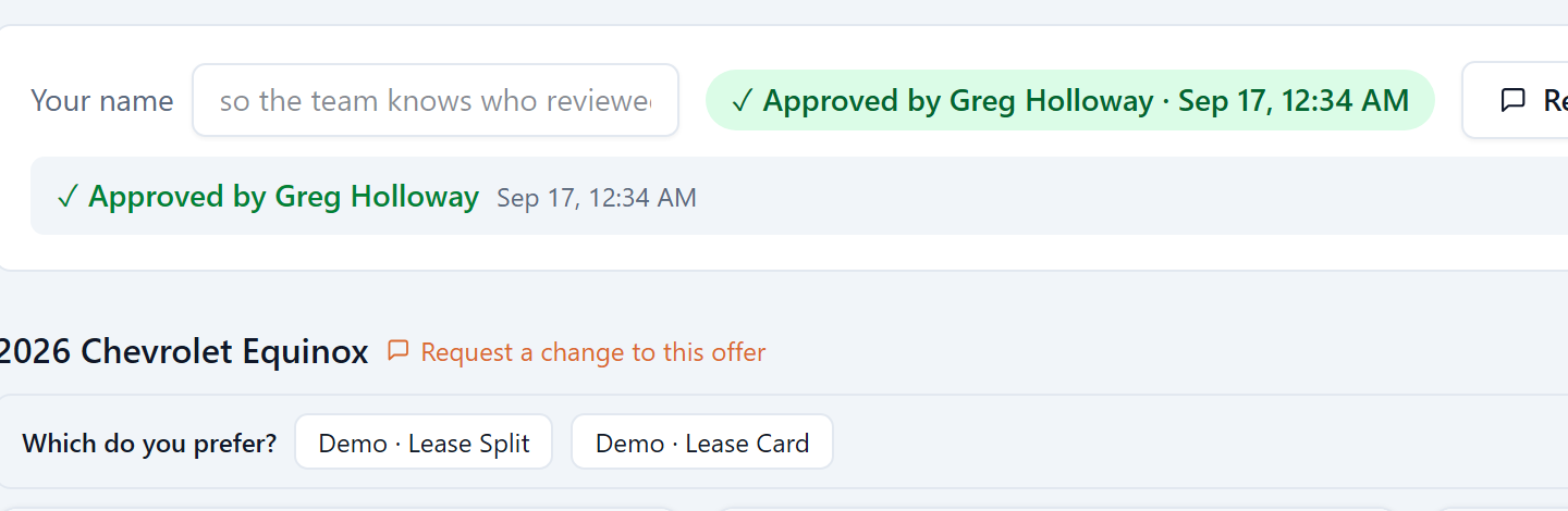 DealerMaker: the review link, approved, on a demo store